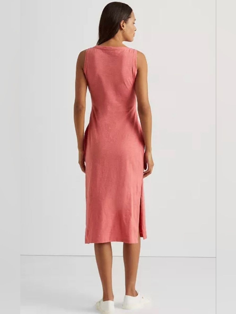 Ralph Lauren Coral Sleeveless Midi Dress Size 8 Tie Waist Side Slit Casual - Picture 3 of 7